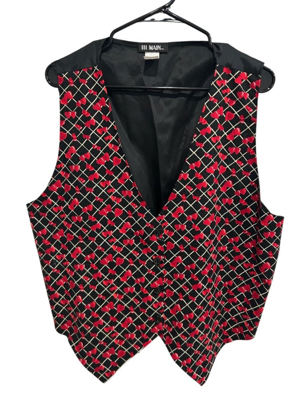 111 Main 1X Heart Pattern Black Red Sleeveless Cotton Vest Whimsical Vintage